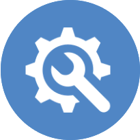 Gear with wrench icon, blue background.