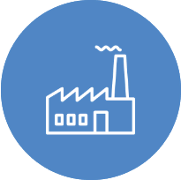 Blue icon with factory line drawing.