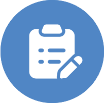 Icon of clipboard with pencil in blue circle.