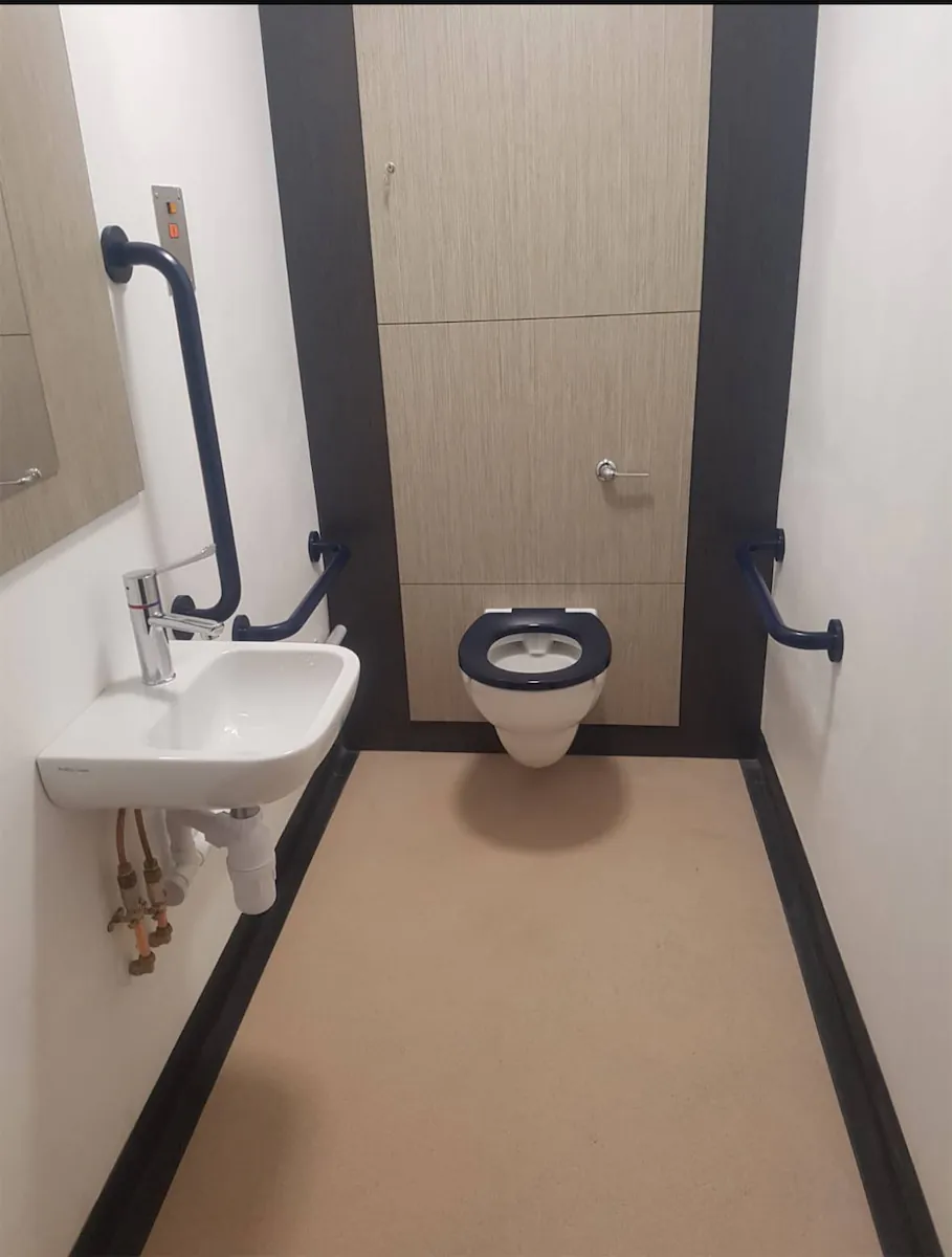 Accessible toilet with handrails and sink.